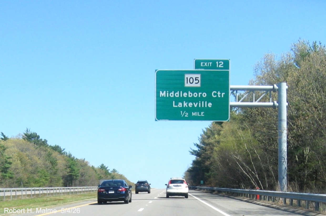 Image of new 1/2 mile advance overhead sign for MA 105 exit on I-495 South in Middleborough, 
	Google Maps Street View, May 2026