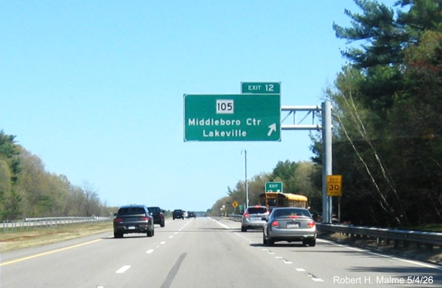 Image of new overhead ramp sign for MA 105 exit on I-495 South in Middleborough, 
	Google Maps Street View, May 2026