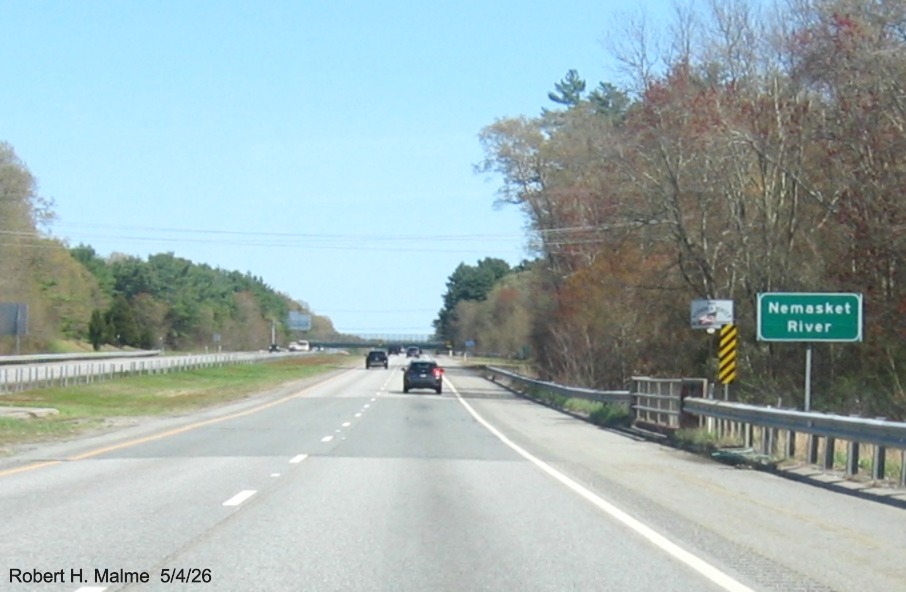 Image of new Nemasket River crossing sign on I-495 South in Middleborough, 
	Google Maps Street View, May 2026