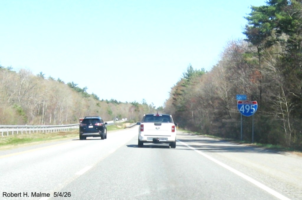Image of old South I-495 reassurance marker in Wareham, Google Maps Street View, May 
	2026