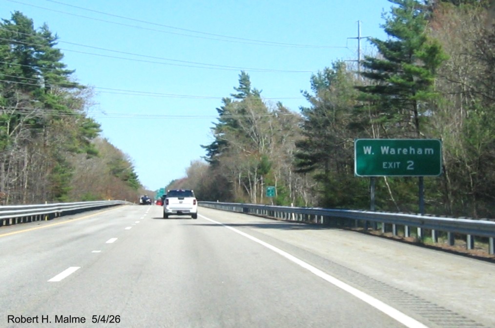 Image of new ground mounted auxiliary sign for MA 58 exit on I-495 South in Wareham, 
	Google Maps Street View, May 2026