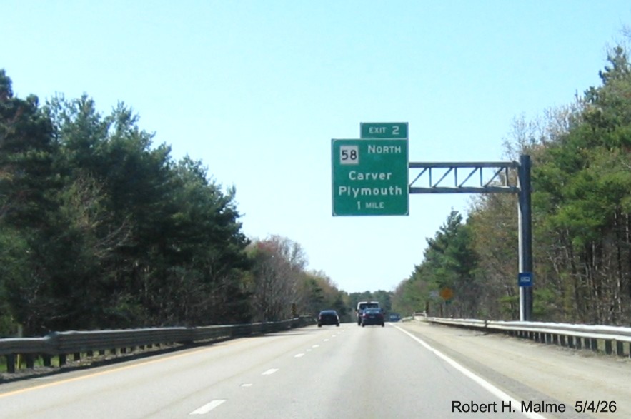 Image of new 1 mile advance overhead sign for MA 58 exit on I-495 North in Wareham, 
	Google Maps Street View, May 2026