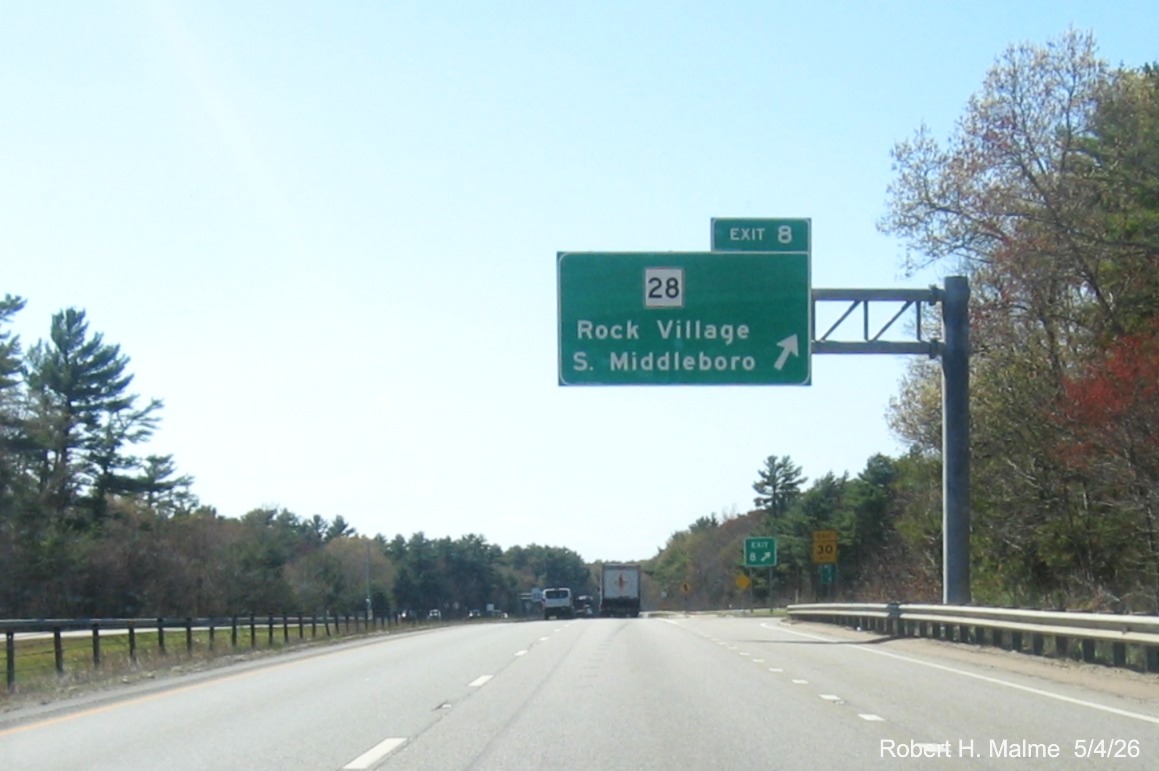 Image of new overhead ramp sign for MA 28 exit on I-495 North in South Midddleboro, 
	Google Maps Street View, May 2026