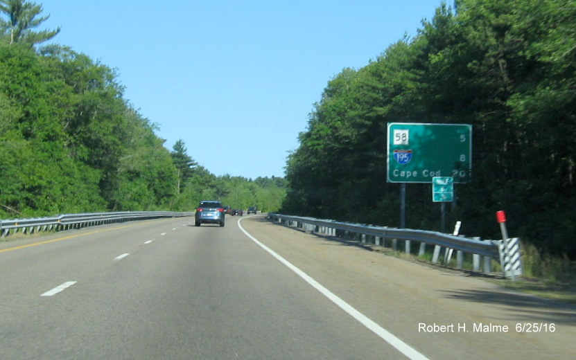 Image of post-interchange distance sign on I-495 South after MA 28 exit in June 2016