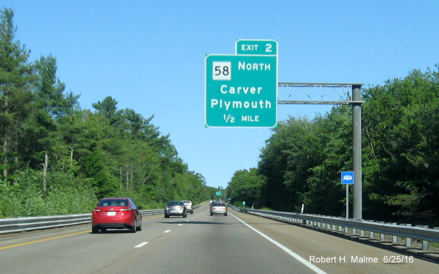 Image of recently installed 1/2 mile advance overhead sign for MA 58 exit on I-495 South in Wareham in June 2016