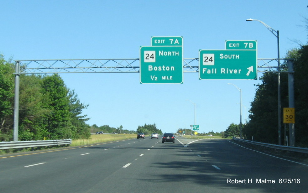 Image of recently placed overhead signs for MA 24 exits on I-495 South in Bridgewater in June 2016