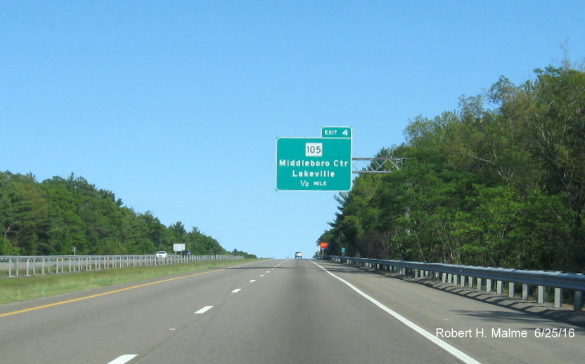 Image of recently placed 1/2 mile advance overhead sign for MA 105 exit on I-495 South in Lakeville in June 2016