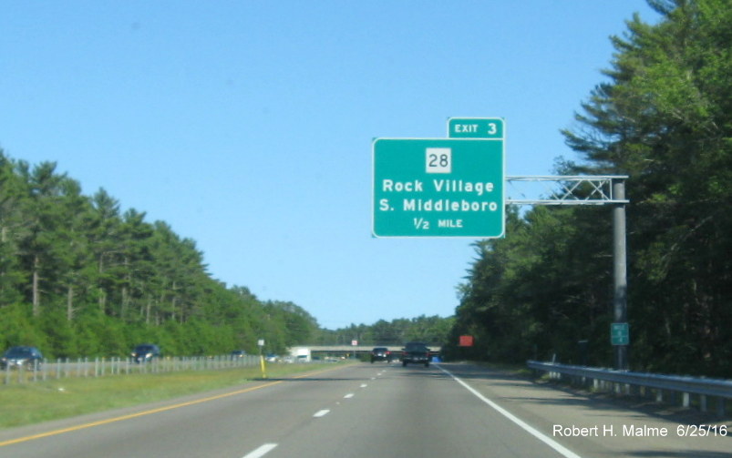 Image of recently placed 1/2 mile advance sign for MA 28 exit on I-495 South in South Middleboro in June 2016