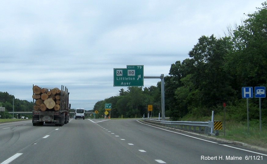 Image of overhead ramp sign for MA 2A/110 exit with new milepost based exit number on I-495 North in Littleton, June 2021