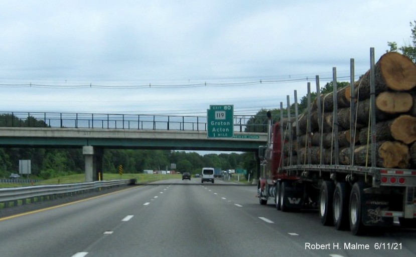 Image of 1 Mile advance sign for MA 119 exit with new milepost based exit number on I-495 North in Littleton, June 2021