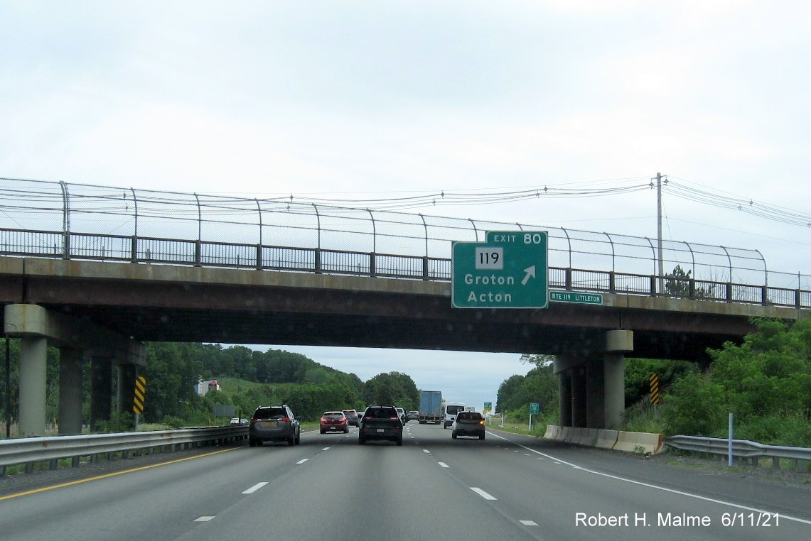 Image of overhead ramp sign for MA 119 exit with new milepost based exit number on I-495 North in Littleton, June 2021