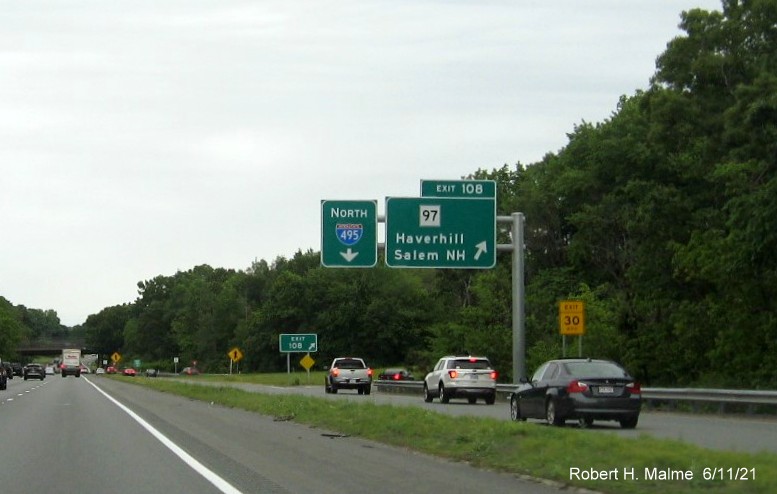 Image of overhead ramp sign for MA 97 exit with new milepost based exit number on C/D ramp from I-495 North in Haverhill, June 2021