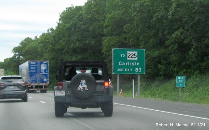 Image of newly placed auxilary sign for Boston Road exit with new milepost based exit number on I-495 North in Westford, June 2021