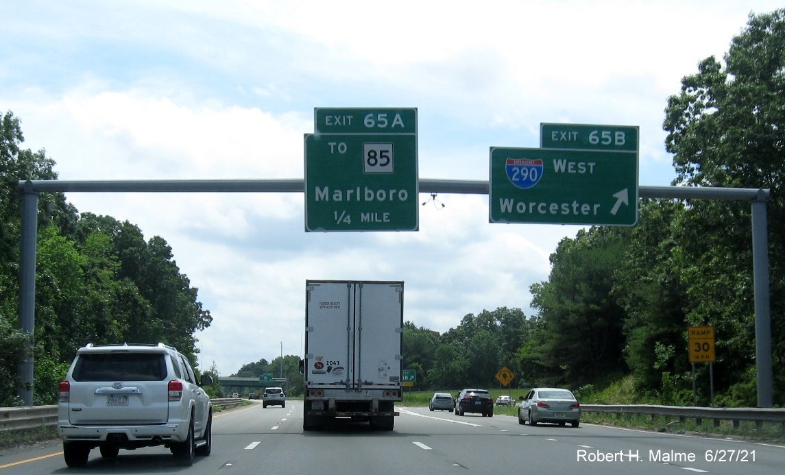 Image of overhead ramp signage at ramp for I-290 West exit with new milepost based exit numbers on I-495 South in Marlboro, June 2021