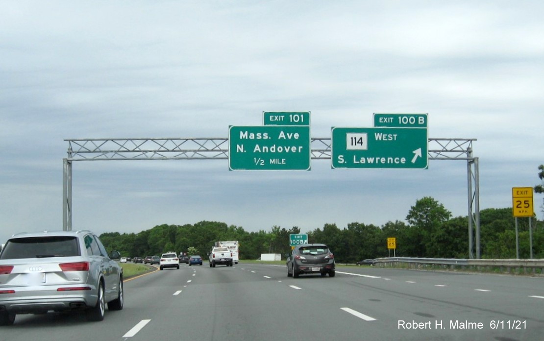 Image of overhead ramp sign for MA 114 West exit with new milepost based exit number on I-495 North in Andover, June 2021