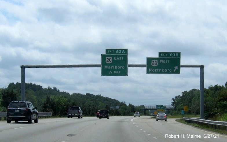 Image of overhead signage at ramp for US 20 West exit with new milepost based exit number on I-495 South in Marlborough, June 2021