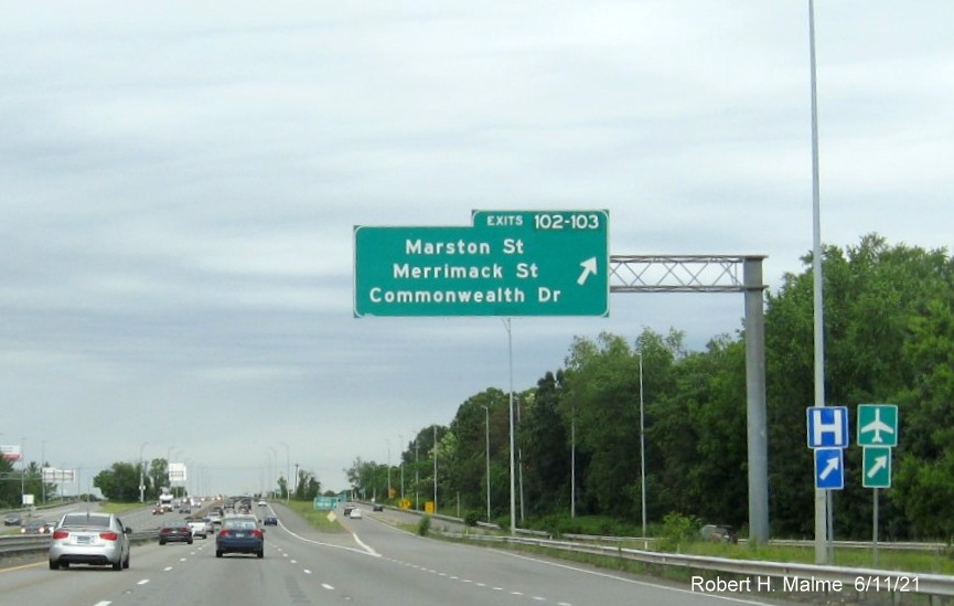 Image of overhead ramp sign for Marston Street, Merrimack Street and Commonwealth Drive exits with new milepost based exit numbers on I-495 North in Lawrence, June 2021