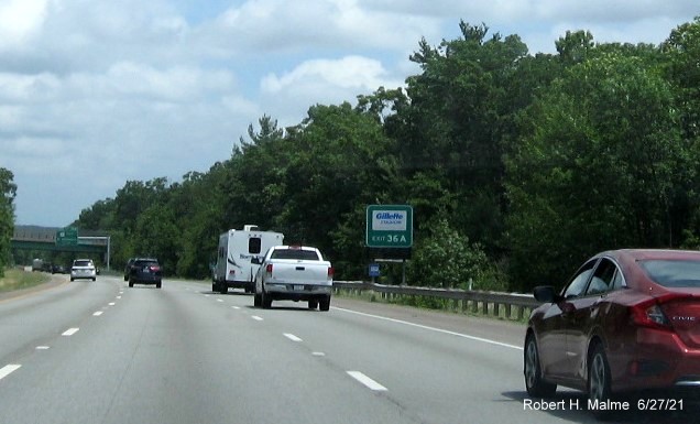Image of auxiliary sign for US 1 North exit with new milepost based exit number on I-495 South in Wrentham, June 2021 