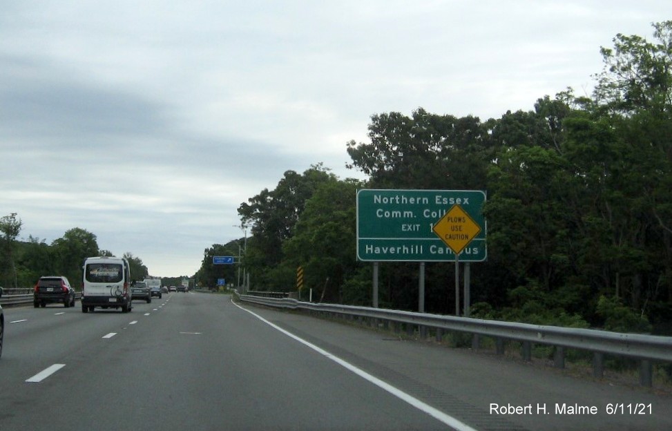 Image of auxiliary sign for MA 110 exit with new milepost based exit number on I-495 North in Haverhill, June 2021