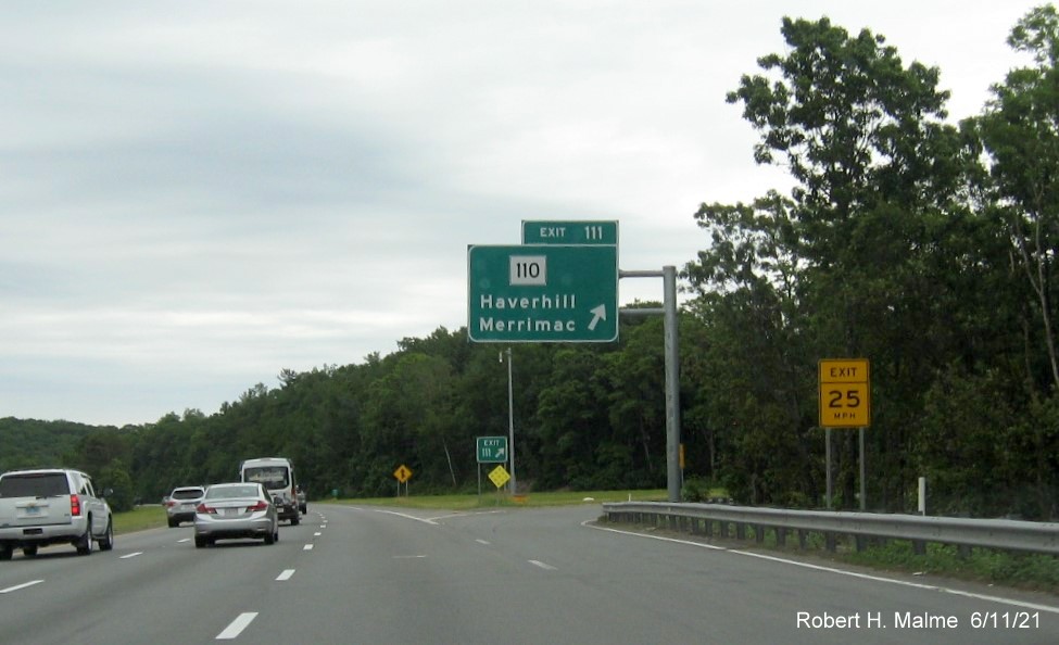 Image of overhead ramp sign for MA 110 exit with new milepost based exit number on I-495 North in Haverhill, June 2021