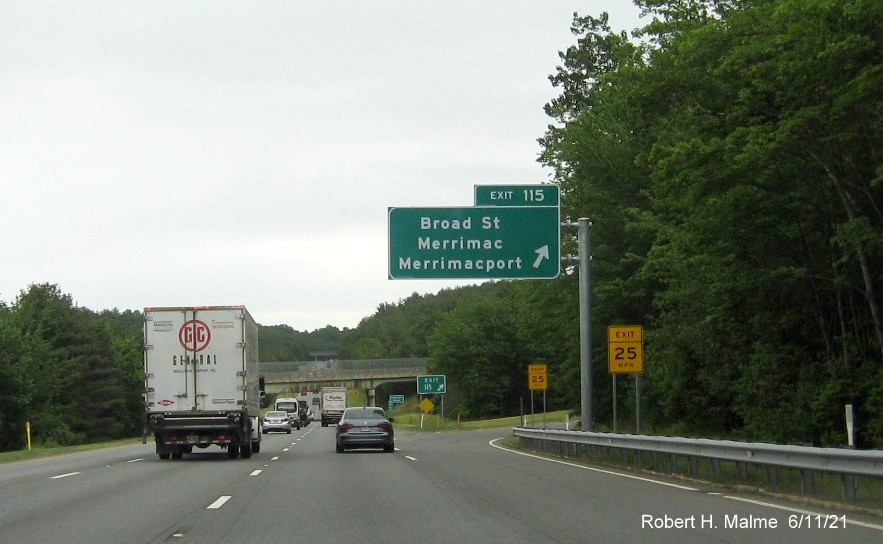 Image of overhead ramp sign for Broad Street exit with new milepost based exit number on I-495 North in Merrimac, June 2021