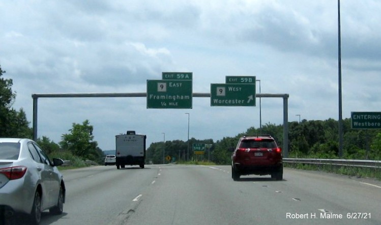 Image of overhead signage at ramp for MA 9 West exit with new milepost based exit numbers on I-495 South in Westborough, June 2021
