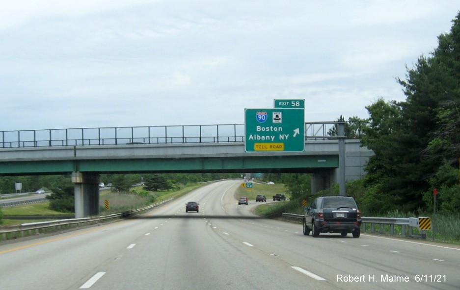 Image of overhead ramp sign for I-90/Massachusetts Turnpike exit with new milepost based exit number on I-495 North in Hopkinton, June 2021
