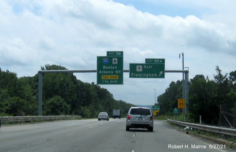 Image of overhead ramp sign for MA 9 East exit with new milepost based exit number on I-495 South in Westborough, June 2021