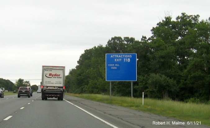 Image of auxiliary sign for MA 150 exit with new milepost based exit number on I-495 North in Amesbury, June 2021