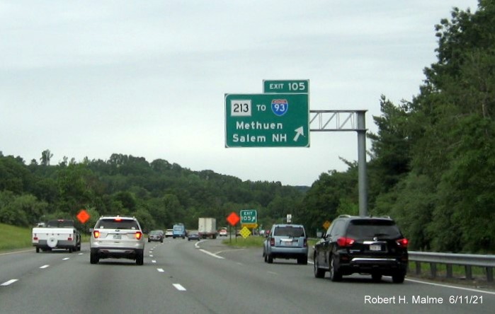 Image of overhead ramp sign for MA 213 exit with new milepost based exit numbers on I-495 North in Lawrence, June 2021