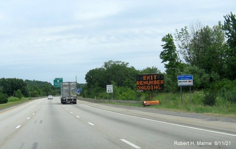 Image of portable VMS sign about exit renumbering prior to MA 9 exits on I-495 North in Hopkinton, June 2021