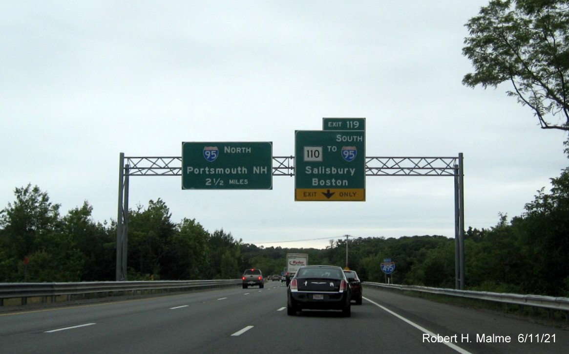 Image of 1/2 mile advance sign for MA 110 exit with new milepost based exit number on I-495 North in Amesbury, June 2021