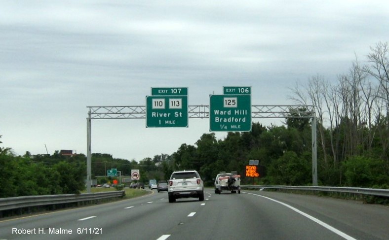 Image of 1/4 mile advance sign for MA 125 exit and 1 mile advance for MA 110/113 exit with new milepost based exit numbers on I-495 North in Lawrence, June 2021