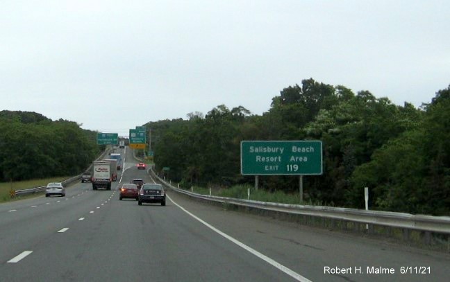 Image of auxiliary sign for MA 110 exit with new milepost based exit number on I-495 North in Amesbury, June 2021