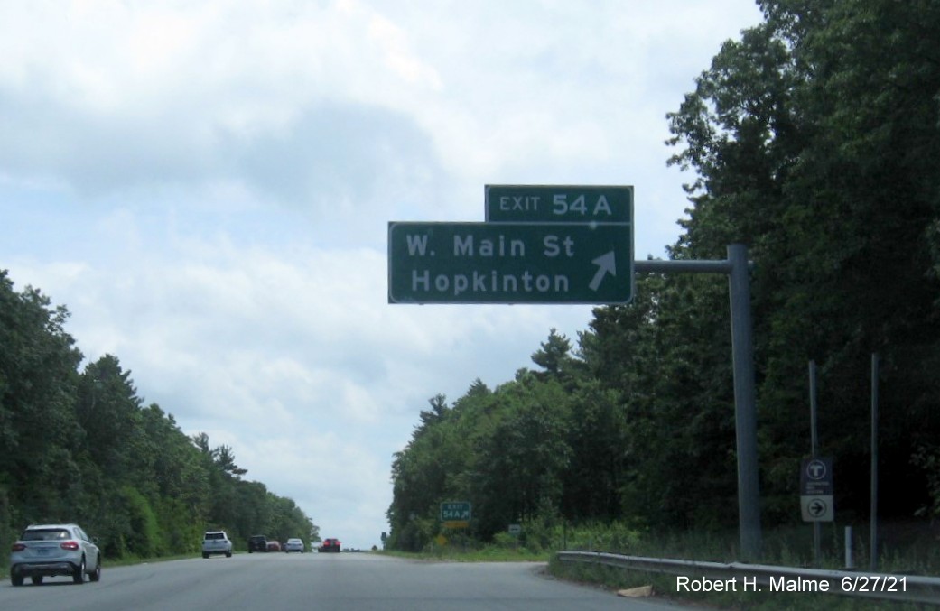Image of overhead ramp sign for West Main Street, Hopkinton exit with new milepost based exit number on I-495 South in Hopkinton, June 2021