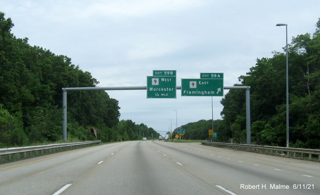 Image of  overhead signs at ramp for MA 9 East exit with new milepost based exit number on I-495 North in Marlborough, June 2021