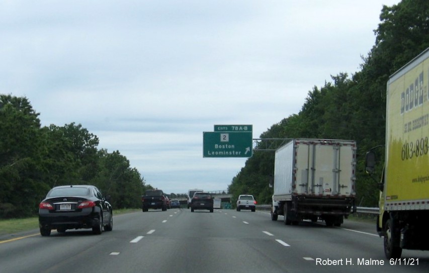 Image of overhead ramp sign for MA 2 exits with new milepost based exit numbers on I-495 North in Littleton, June 2021
