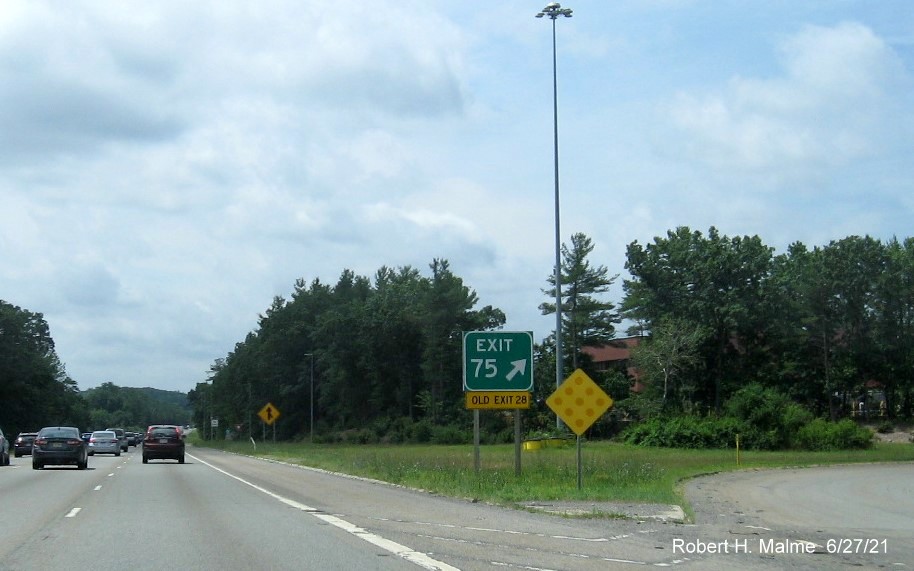Image of overhead ramp sign for MA 111 exit with new milepost based exit number on I-495 South in Harvard, June 2021