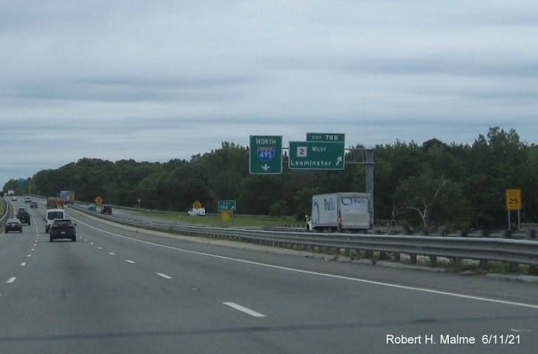 Image of overhead ramp sign for MA 2 West exit with new milepost based exit number on C/D ramp from I-495 North in Littleton, June 2021