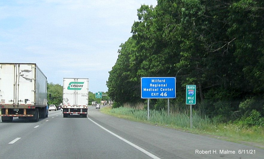 Image of auxiliary sign for MA 126 exit with new milepost based exit number on I-495 North in Bellingham, June 2021