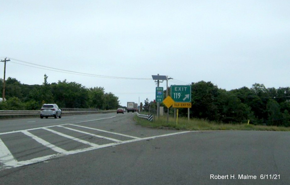 Image of gore sign for MA 110 exit with new milepost based exit number on I-495 North in Amesbury, June 2021