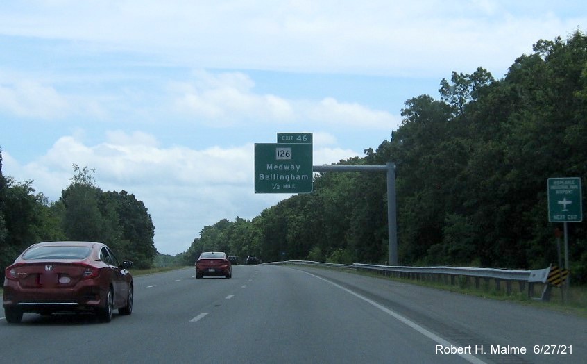 Image of 1/2 mile advance sign for MA 126 exit with new milepost based exit number on I-495 South in Bellingham, June 2021