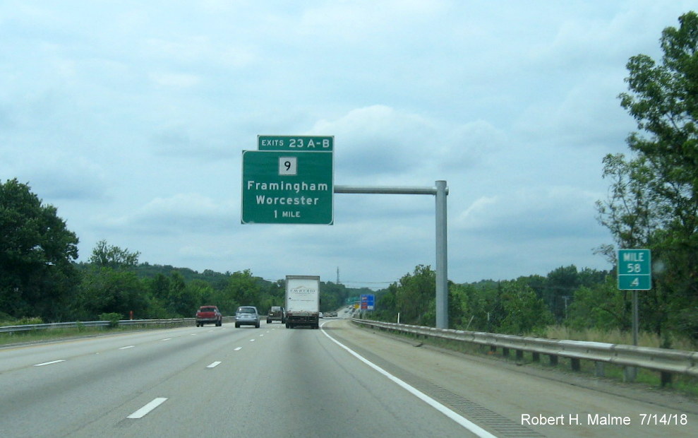 Image of recently placed 1 mile advance overhead sign for MA 9 exit on I-495 North in Marlboro