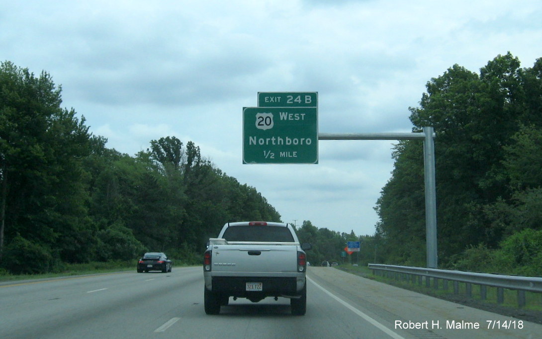 Image of recently installed 1/2 mile advance overhead sign for US 20 West on I-295 South in Marlboro in July 2018