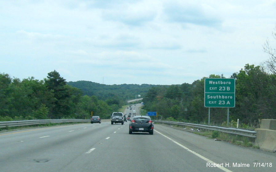 Recently placed ground mounted auxiliary sign for MA 9 exit on I-495 South in Marlboro in July 2018