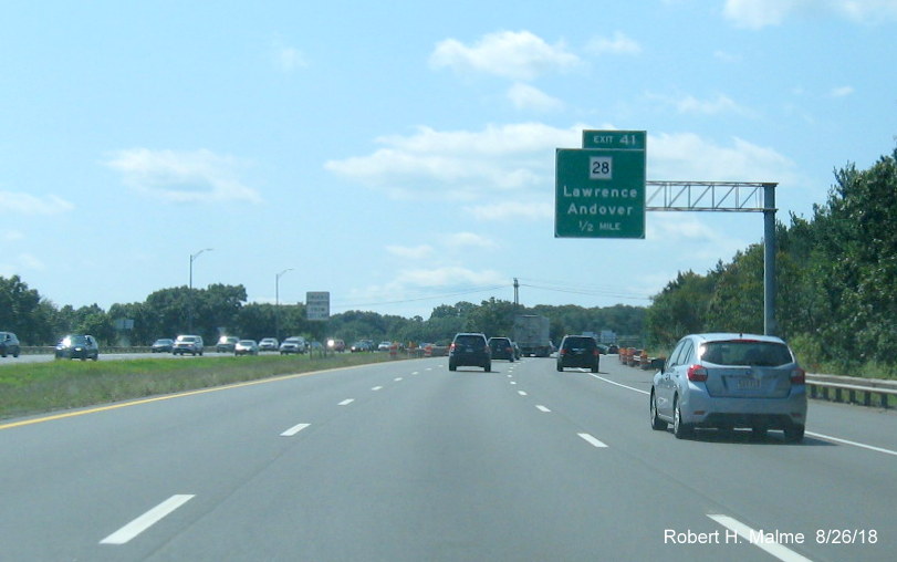Image of 1/2 mile advance overhead sign for MA 28 exit on I-495 South in Lawrence in August 2018