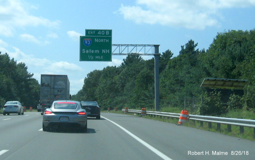 Image of 1/2 mile advance overhead sign for I-93 North exit on I-495 South in Andover in August 2018