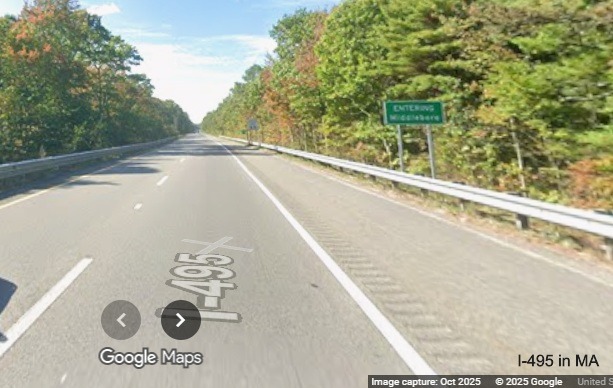 Image of new town line sign for Middleboro along I-495 North in Wareham, 
	Google Maps Street View, October 2025