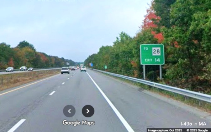 Image of new auxiliary sign for MA 18 exit on I-495 North in Lakeville, Google Maps Street View, 
	October 2025