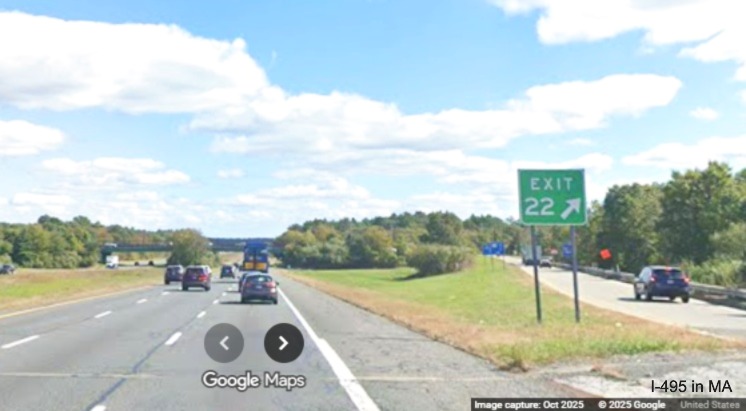 Image of new gore sign for MA 138 exit on I-495 South in Raynham, Google 
	Maps Street View, October 2025